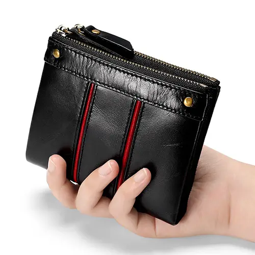 Dual-Zipper RFID-Blocking Leather Wallet with Snap Closure